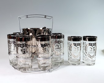 Queens Lusterware Full set of 25th silver Anniversary barware, glasses, stand, ice bucket and tongs, mid century