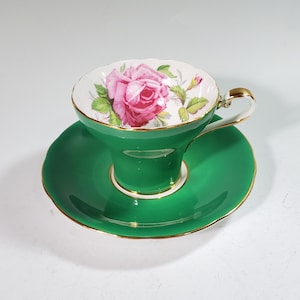 Aynsley fine teacup and saucer, green with pink rose