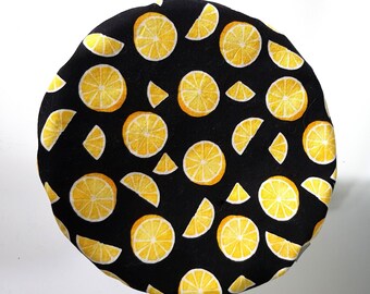 Reusable bowl cover black yellow lemons 9 to 10 inch bowl reversible unbleached cotton eco friendly Kitchen Aid stand mixer