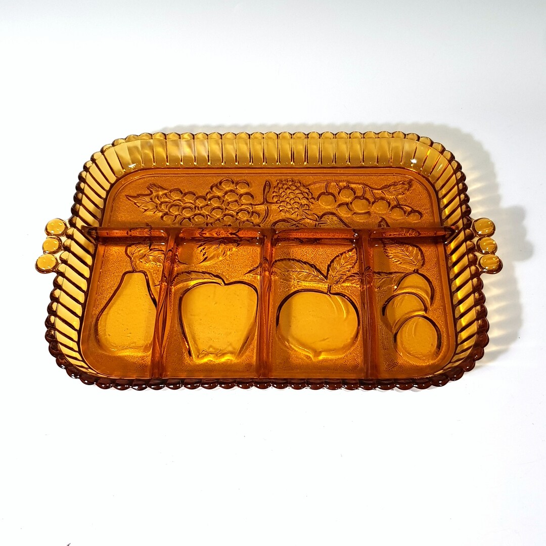Vintage Divided Relish Dish Fruit Pattern Amber Glass With Etsy