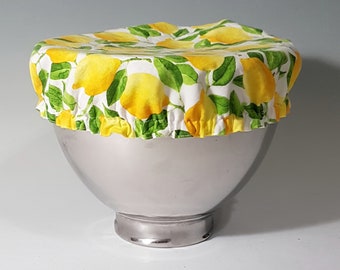 Reusable bowl cover stand mixer yellow lemons and greens on white 100% cotton 9 to 10 inch bowl reversible unbleached cotton Kitchen Aid