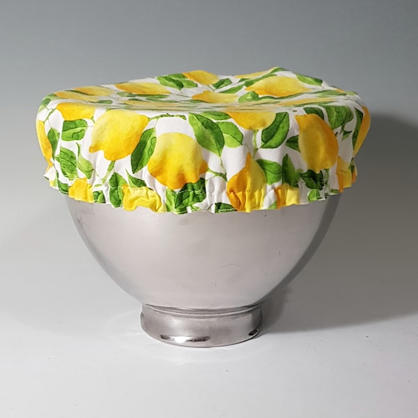 Reusable bowl cover stand mixer yellow lemons and greens on white 100% cotton 9 to 10 inch bowl reversible unbleached cotton Kitchen Aid