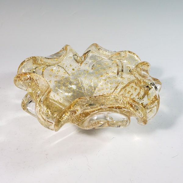 Mid century ashtray murano style gold and clear hand blown glass