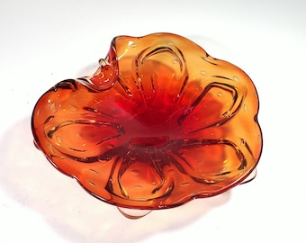 Vintage blown glass ashtray, controlled bubble, large orange and red