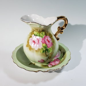 Vintage Lefton china handpainted pitcher with bowl, green with pink roses