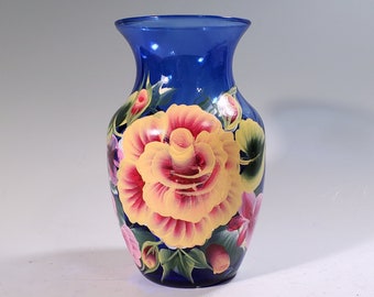 Vintage cobalt blue glass vase, handpainted yellow rose and pink flowers, signed by Donna