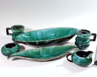 Set of mid century modern green teal drip Blue Mountain Pottery, bowls, candleholders, creamer and sugar MCM