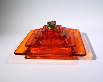 Vintage Viking USA Art Glass stacking ashtray and table lighter set, working lighter, persimmon, excellent