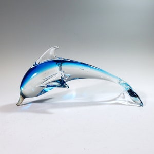 Large blown glass bottlenose dolphin table or window decor, statue, figurine, blue and clear