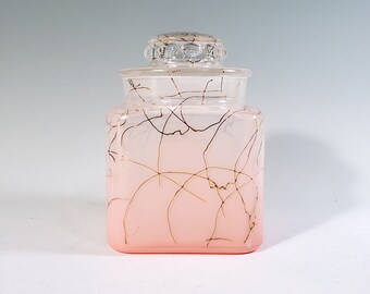 Apothecary Jar, mid century pink ombre gold drizzle cottonball jar, vanity jar