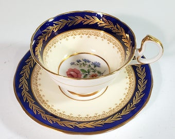 Aynsley cup and saucer pattern 7739 royal cobalt blue, floral and gold laurel wreath