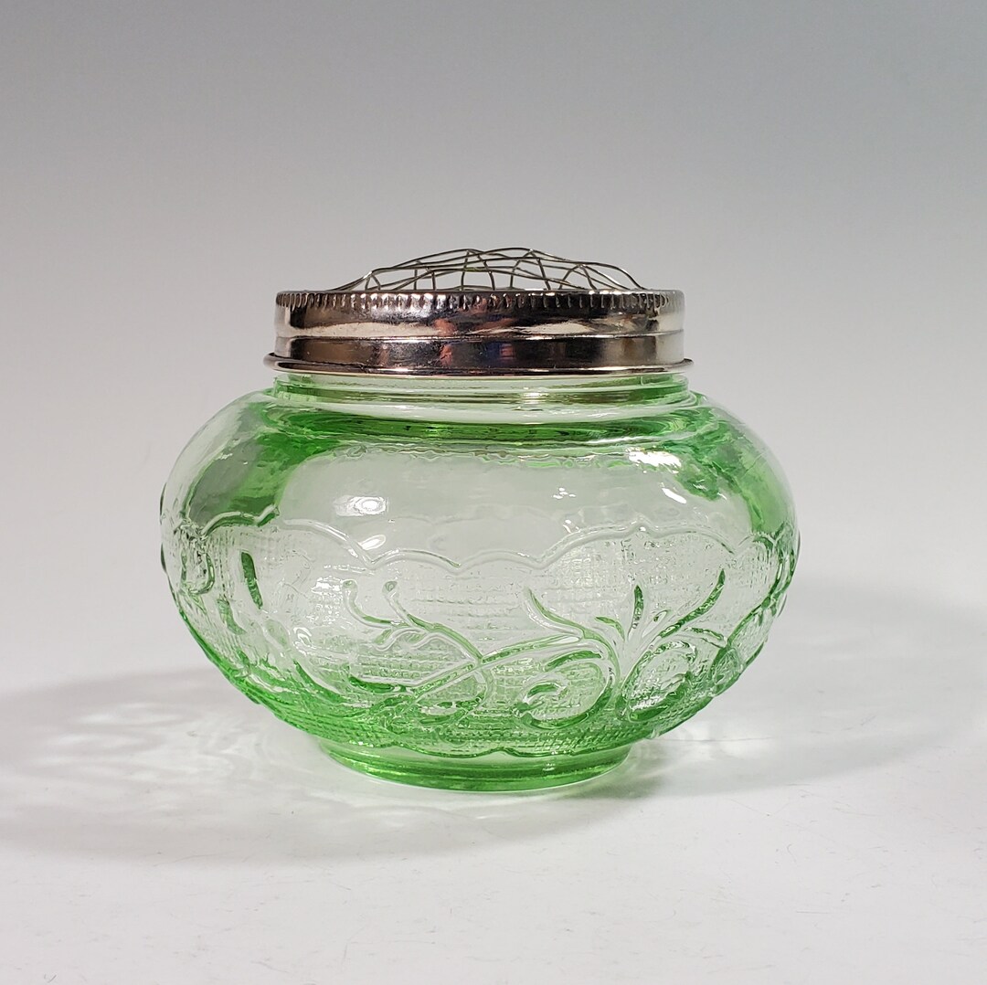 Green Glass Potpourri Jar With Metal Lid Etsy