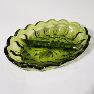 Anchor Hocking Divided relish dish avocado green vintage mid century