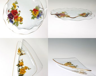 Two vintage floral serving dishes glass with gold trim pansies yellow roses