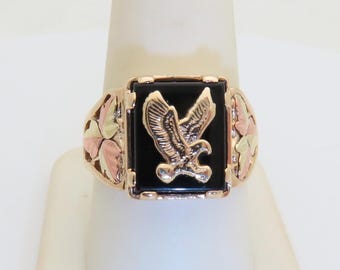 Mens Vintage Black Hills Gold Rings Black Onyx Landing Eagle Leaf Band Original CCO Mens Jewelry Solid Gold Gift Husband 10k Size 9.75 R1783