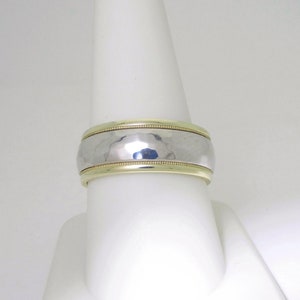 Hammered White Gold Ring 14k Antique Wedding Bands Solid White Gold Rings Jewelry Bridal Anniversary Gift Yellow Edged 8.2mm Size 9.5 R1582