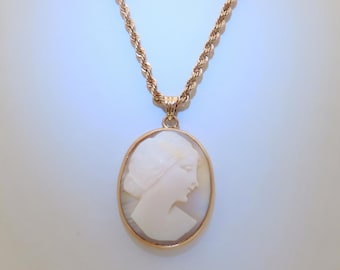 Solid Gold Cameo Necklace Antique Jewelry Cameo Shell Carved Hand Crafted Womens Gifts Wife Jewelry Wedding 10k 21" Rope Lobster Clasp N143