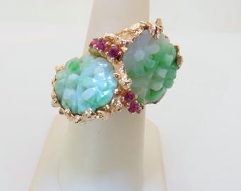 14k Nugget Rings Natural Jade Ring Carved Flowers Ruby Accent Yin Yang Solid Gold Womens Jewelry Vintage Positive Chi Virgo Size 7.5 R1792