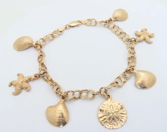 14k Gold Bracelets For Women Solid Gold Jewelry Bracelet Coastal Charms Sea Creatures Beach Jewelry Ocean Cruise Gift Lobster Size 7.5 B184