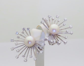 Akoya Pearl Earrings 14k Diamond White Gold Jewelry Bridal Wedding Gift Anniversary Celestial Natural Diamond Spray Omega Back 1.66ctw E191