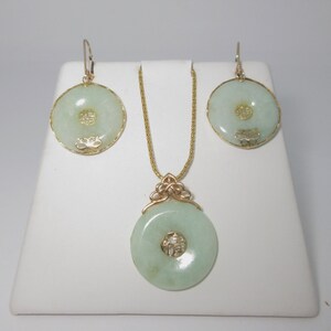 14k Natural Jade Jewelry Set Womens Solid Gold Vintage Jewelry Green Positive Chi Virgo March Necklace Pierced Earrings 18&quot; Lobster S036