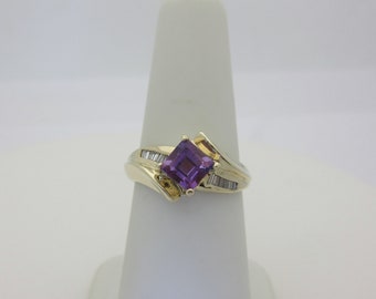 Amethyst Diamond Ring Solid Gold Princess Cut .65ctw 10K Size 6.5 February Birthstone R1072
