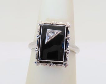 Antique White Gold Ring Black Onyx Natural Diamond Jewelry for Womens Rings December Birthstone Leo Capricorn 10K Size 6 R1036
