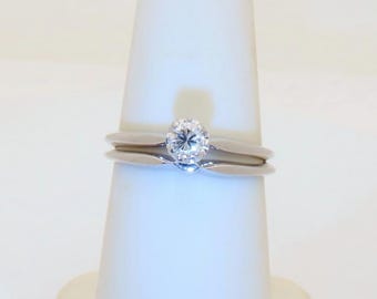 14k White Gold Diamond Wedding Set Real Diamonds Solitaire Natural Diamonds Bridal Set Solid Gold Bridal Anniversary Rings .20ct US 7 R1806