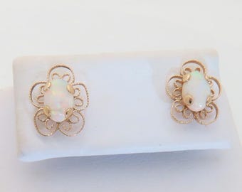 14k Opal Studs Natural Filigree Pierced Earrings Opal Post Solid Gold Jewelry Bridal Wedding Gift Womens Birthday Wife Daughter October E317