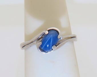 Blue Star Sapphire Rings White Gold Pinky Rings Vintage Womens Jewelry Art Deco .75ct Cabochon September Birthstone Gift 10k Size 4.5 R1791