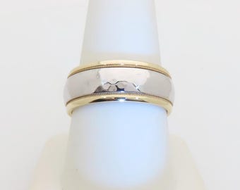 Anillo de boda antiguo de oro blanco de 14 k. Anillo de oro macizo de dos tonos. Joyería nupcial. Aniversario. Borde de oro amarillo de 8,2 mm. Talla 9,5. R1582.