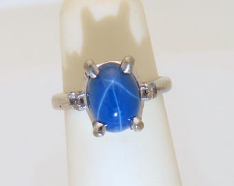 Blue Star Sapphire Rings 14k White Gold Pinky Rings Vintage Womens Jewelry Art Deco 1.25ct Cabochon September Birthstone Gift Size 2.5 R1790