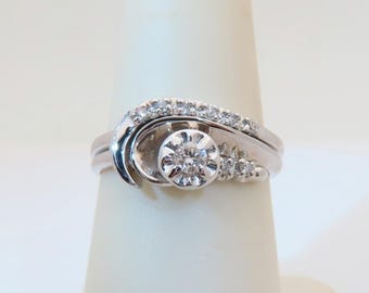 14k Diamond Bridal Set White Gold Wedding Rings Halo Love Knot Matching Natural Bridal Jewelry Gift Engagement Band .26ctw Size 7.25 R1805