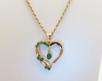 Vintage Natural Emerald Necklace 14k Dangle Heart Pendant Emeralds Solid Gold Jewelry Anniversary Wedding Gift Wife May Birthstone 18" N340