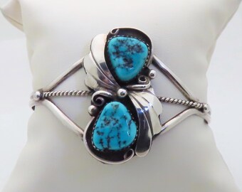 Turquoise Cuff Bracelets Native Americans Solid Sterling Silver Pow Wow Turquoise Jewelry Pear December Birthstone Signed Size 6.5 SB005