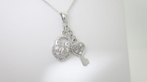 Solid Sterling Silver Heart Lock & Key Pendant Ne… - image 3