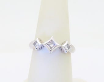 14k White Gold Diamond Engagement Ring Natural Princess Three Stone Off Set Bridal Ring Proposal Gift Wedding Ring .33ctw Size 7 R739
