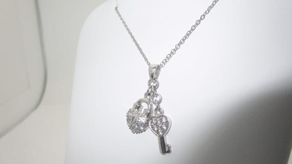 Solid Sterling Silver Heart Lock & Key Pendant Ne… - image 2