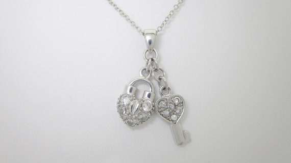 Solid Sterling Silver Heart Lock & Key Pendant Ne… - image 1