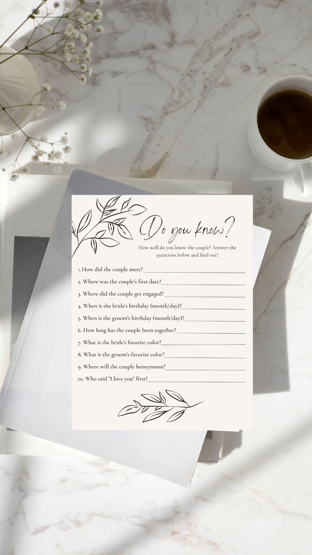 Printable Bridal Shower Trivia Game Minimalist Floral - Do You Know? - Etsy