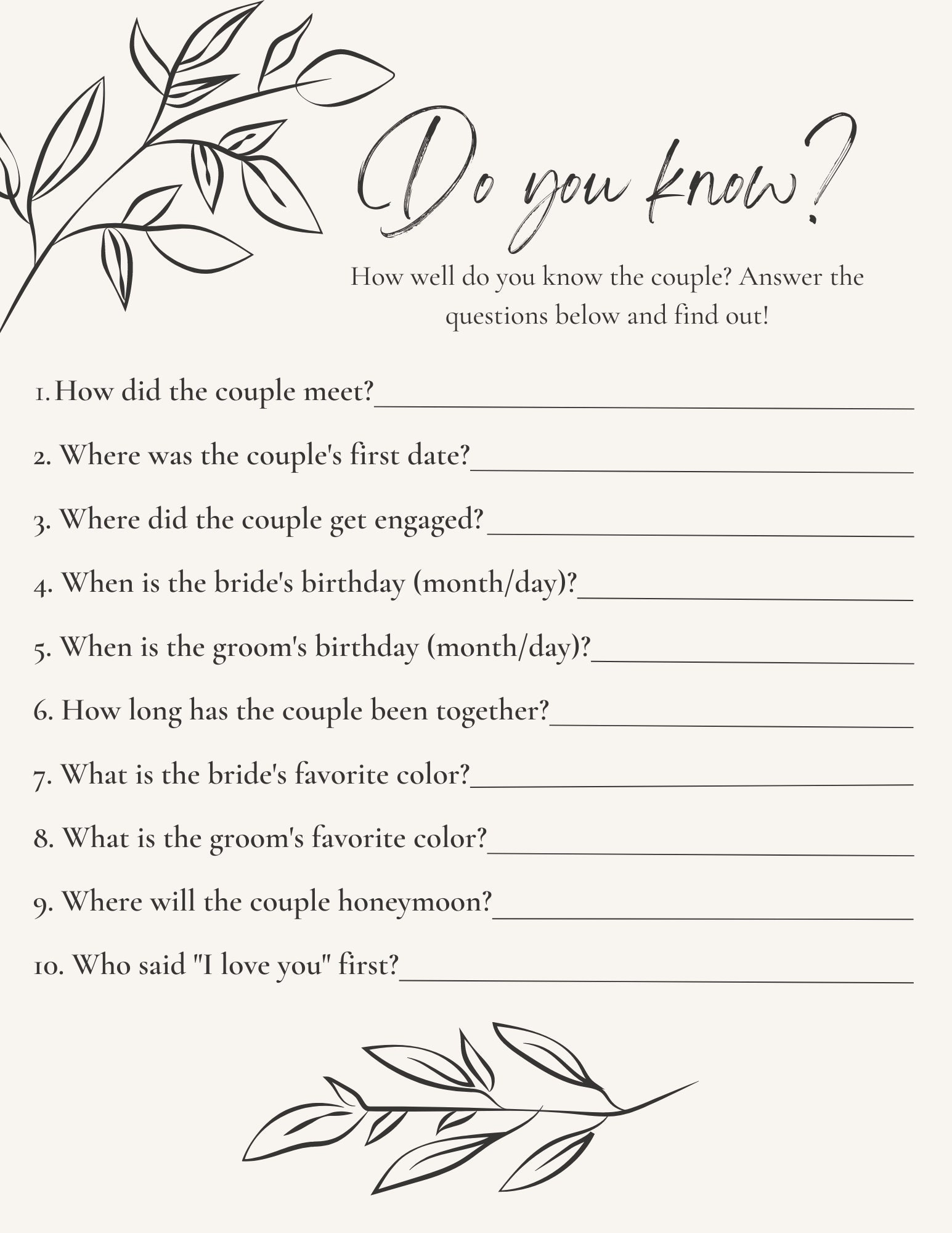 Printable Bridal Shower Trivia Game Minimalist Floral - Do You Know? - Etsy