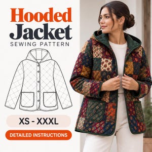 May include: A hooded jacket sewing pattern featuring a quilted patchwork design in shades of red, green, and navy. The pattern includes sizes XS to XXXL and detailed instructions. A line drawing shows the jacket with a hood, buttons, and two pockets.
