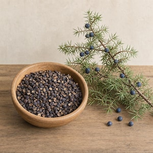 May include: A round wooden bowl filled with dark, dried juniper berries. Next to the bowl lies a green juniper branch with several fresh, round, blue-black berries attached to the needles, and a few loose berries scattered nearby.