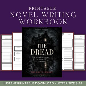 以下が含まれることがあります： 「The Dread」と題されたホラー小説執筆用の印刷可能なワークブック。表紙には夜の暗く不気味な家が描かれています。ワークブックには、ストーリー構築や計画のための構造化されたセクションを備えた内部ページが含まれています。