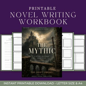 以下が含まれることがあります： 「The Mythic」というタイトルの印刷可能な小説執筆ワークブック。表紙にはファンタジーの城と剣のイラストが描かれ、内部にはストーリー構築用の罫線付きセクションがあるページが含まれています。レターサイズとA4サイズでダウンロード可能です。