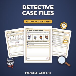 Op de afbeelding: Detective Case Files printbare logische puzzelset voor 7-10 jarigen. Bevat 30 dossiers met geïllustreerde verdachtenbladen, code-krakende activiteiten en mysteriescenario's met personages zoals Mia Mouse en Rosie Raccoon op beige papier.