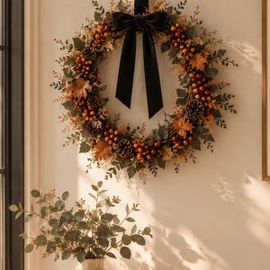 Pode incluir: Uma coroa de outono circular com folhas de ácer artificiais laranja e castanhas, pinhas e pequenas bagas, decorada com um grande laço de veludo preto. A coroa está suspensa por uma fita de veludo preto numa parede de cor neutra.