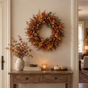 Peut inclure: Une couronne d'automne circulaire composée d'un arrangement dense de fausses feuilles d'érable dans des tons de rouge, orange et jaune, agrémentée de petites baies. La couronne est exposée sur un mur au-dessus d'une console en bois.