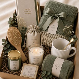 Puede incluir: Una caja de regalo etiquetada como Ivy Box que contiene una manta de espiga verde salvia con flecos, una taza blanca acanalada con una cuchara dorada, un diario con un bolígrafo dorado, una vela de soja, un cepillo de madera, jabón y calcetines verdes.