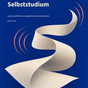 Può includere: Una copertina di libro con sfondo blu intenso, un grafico bianco a forma di nastro ondulato e linee di onde sonore arancioni. Il testo recita: BlueWave, Gesang im Selbststudium, Lesen, aufnehmen, vergleichen und weiterlernen, Simon You, DARU PRESS, Deutsche Ausgabe.